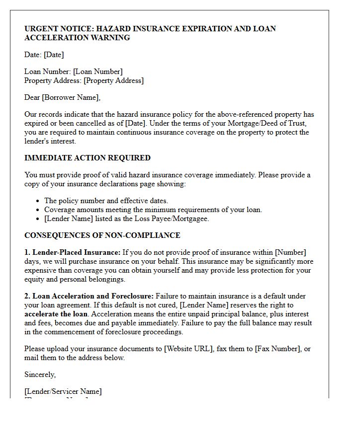 Hazard Insurance Lapse And Loan Acceleration Warning Letter