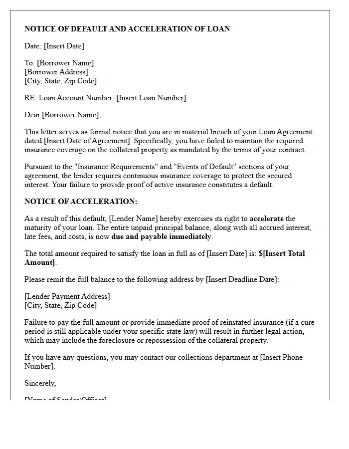 Immediate Loan Acceleration Letter For Insurance Default