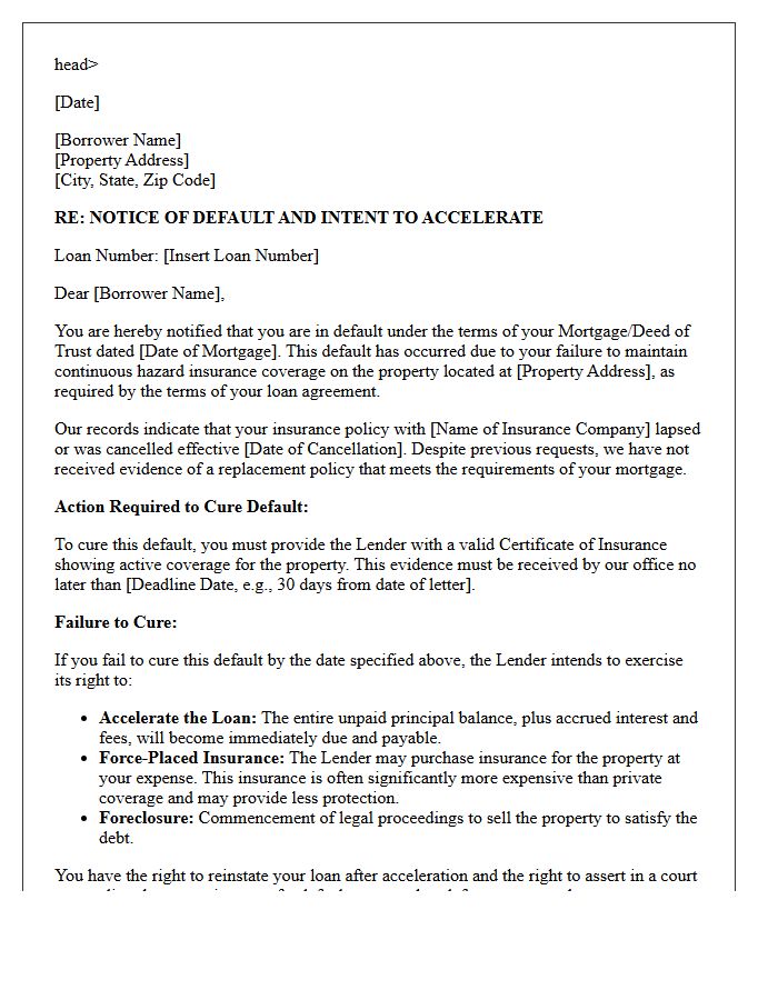 Mortgage Default And Acceleration Letter For Lapsed Insurance