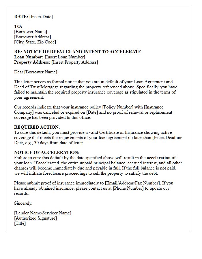 Property Insurance Default Acceleration Demand Letter