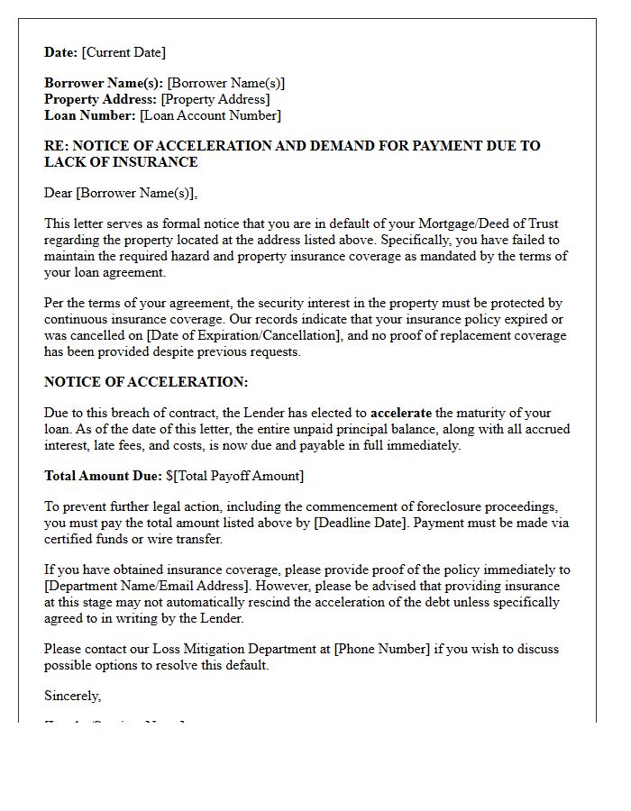 Uninsured Property Triggered Acceleration Notice Letter