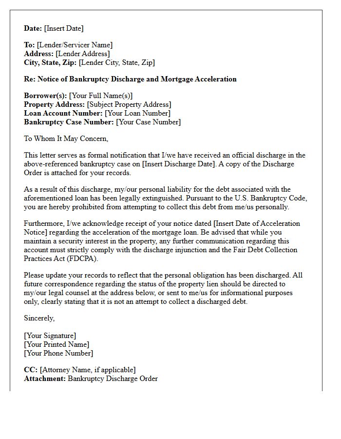 Bankruptcy Discharge Acknowledgment and Mortgage Acceleration Letter
