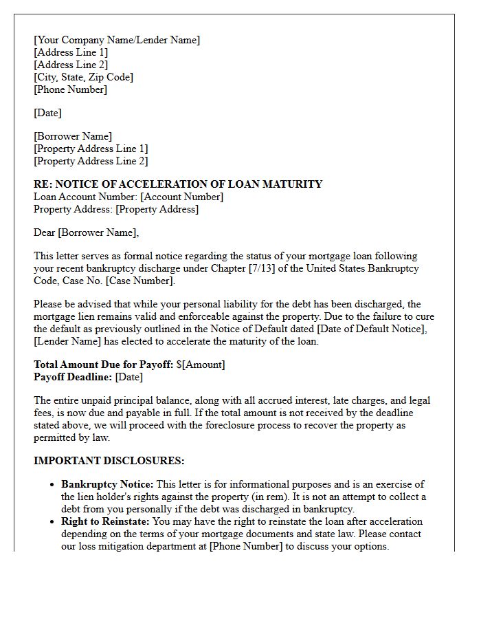 Mortgage Maturity Acceleration Post-Discharge Notice Letter
