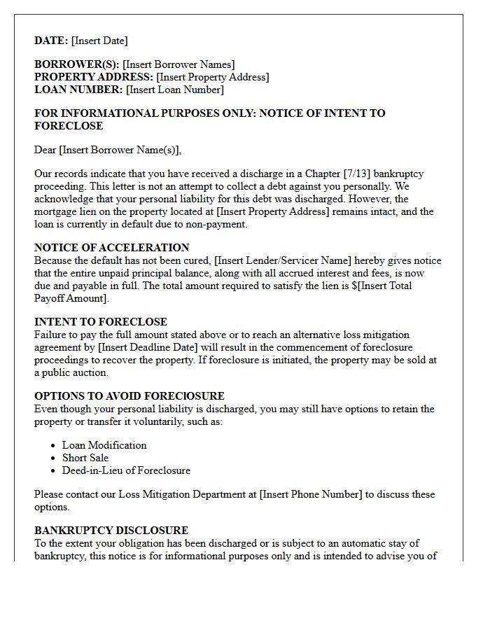 Notice of Acceleration and Foreclosure Intent Post-Discharge Letter