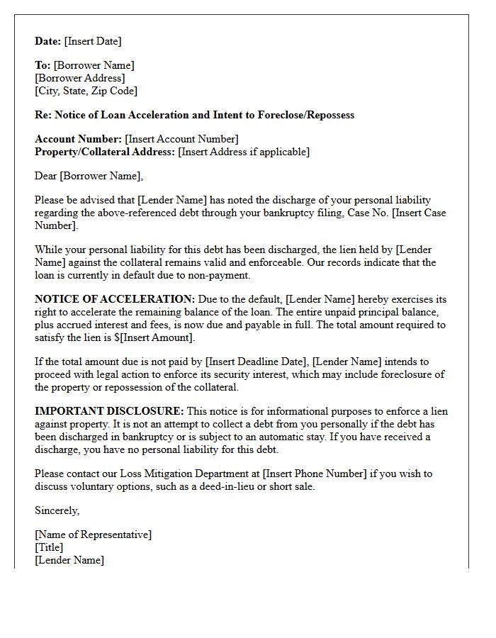Notice of Loan Acceleration Following Bankruptcy Discharge Letter