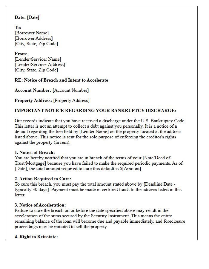 Post-Bankruptcy Discharge Breach and Acceleration Letter