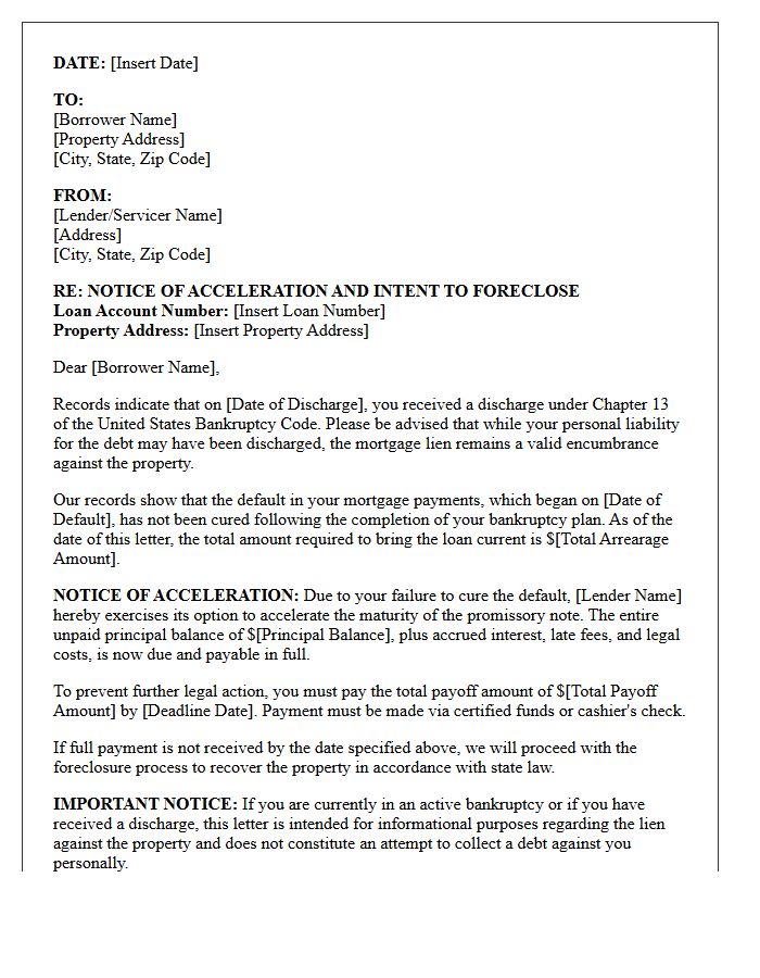 Post-Chapter Thirteen Discharge Mortgage Acceleration Letter