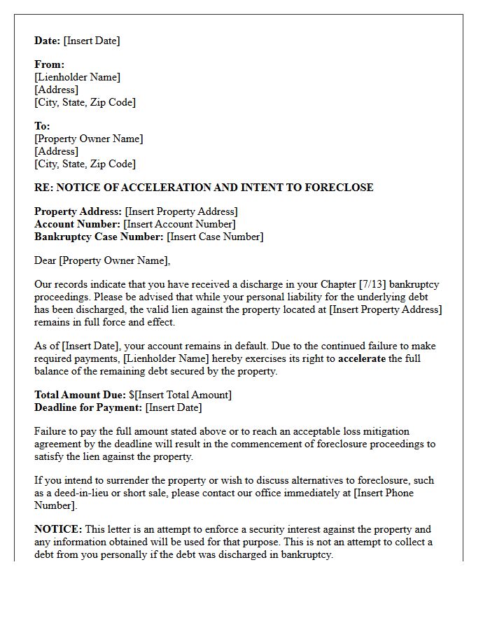 Post-Discharge Property Lien Acceleration Notice Letter