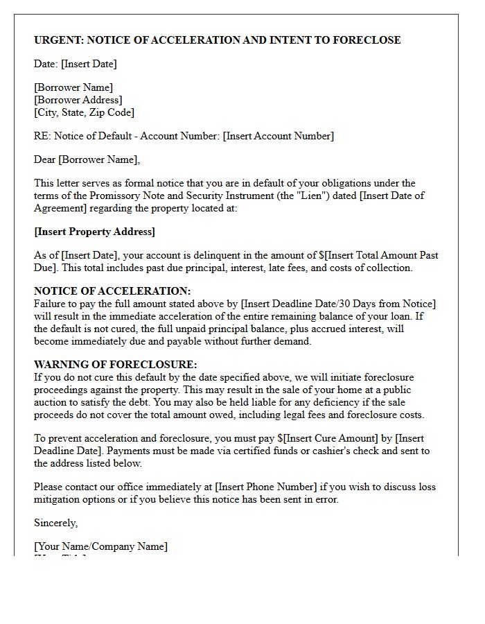 Retained Lien Acceleration and Foreclosure Warning Letter