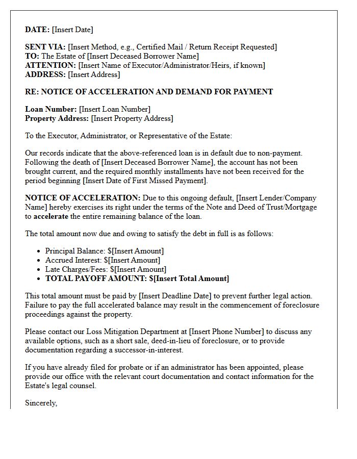 Delinquent Deceased Borrower Estate Acceleration Letter