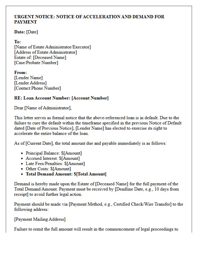 Estate Administrator Loan Acceleration Demand Letter