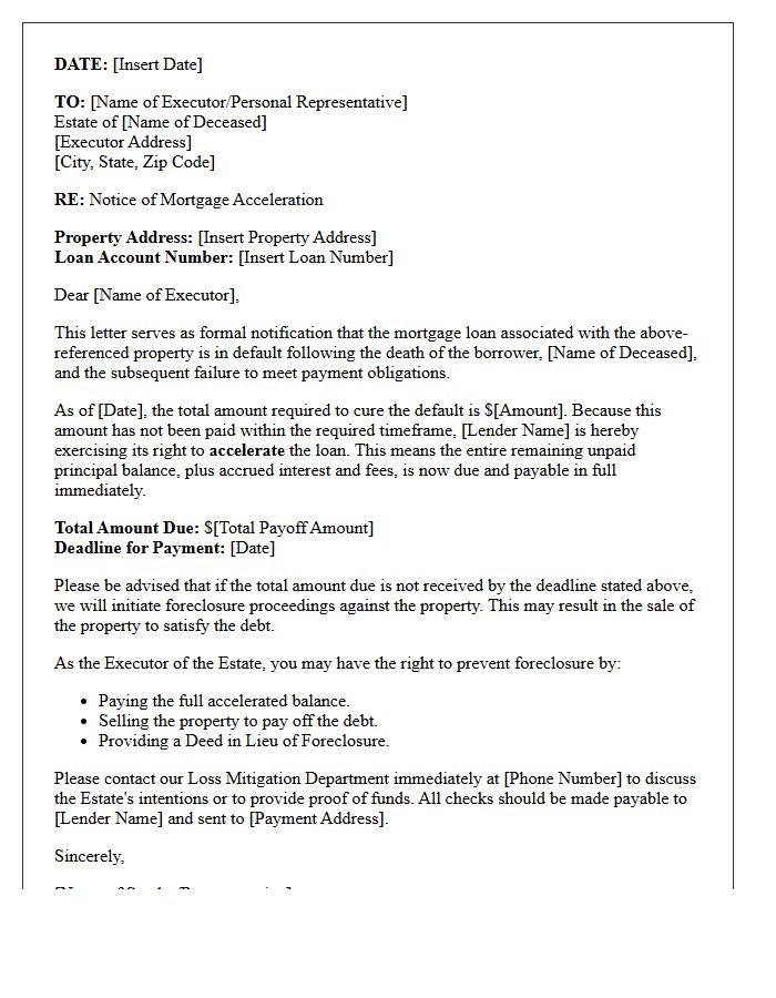 Executor Notification of Mortgage Acceleration Letter