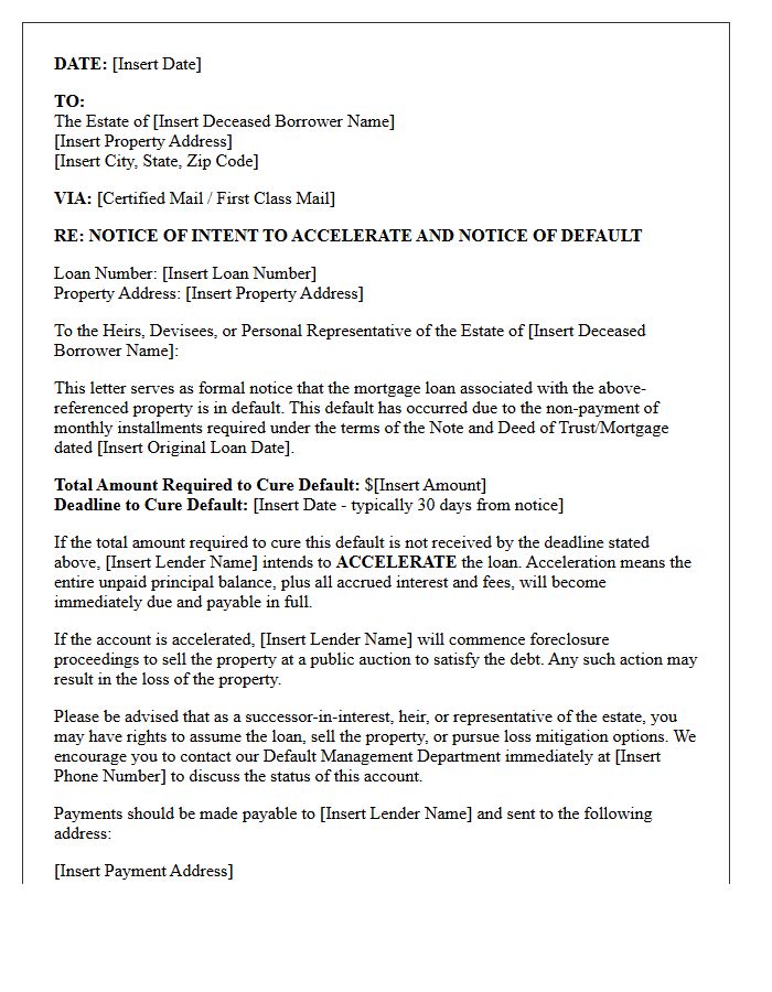 Notice of Intent to Accelerate Deceased Borrower Estate Letter