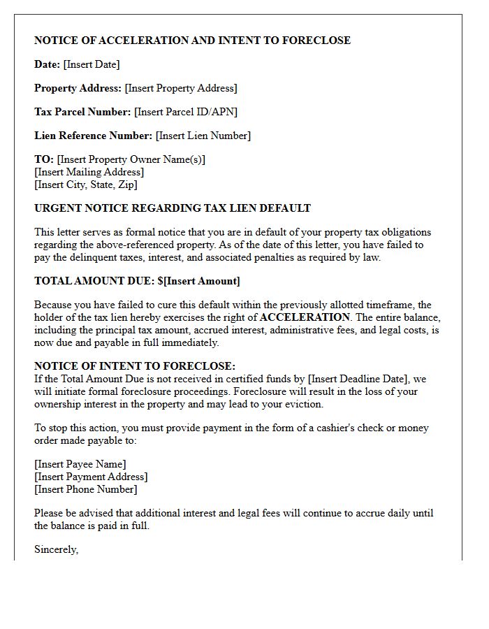 Delinquent Property Tax Lien Default Acceleration Letter
