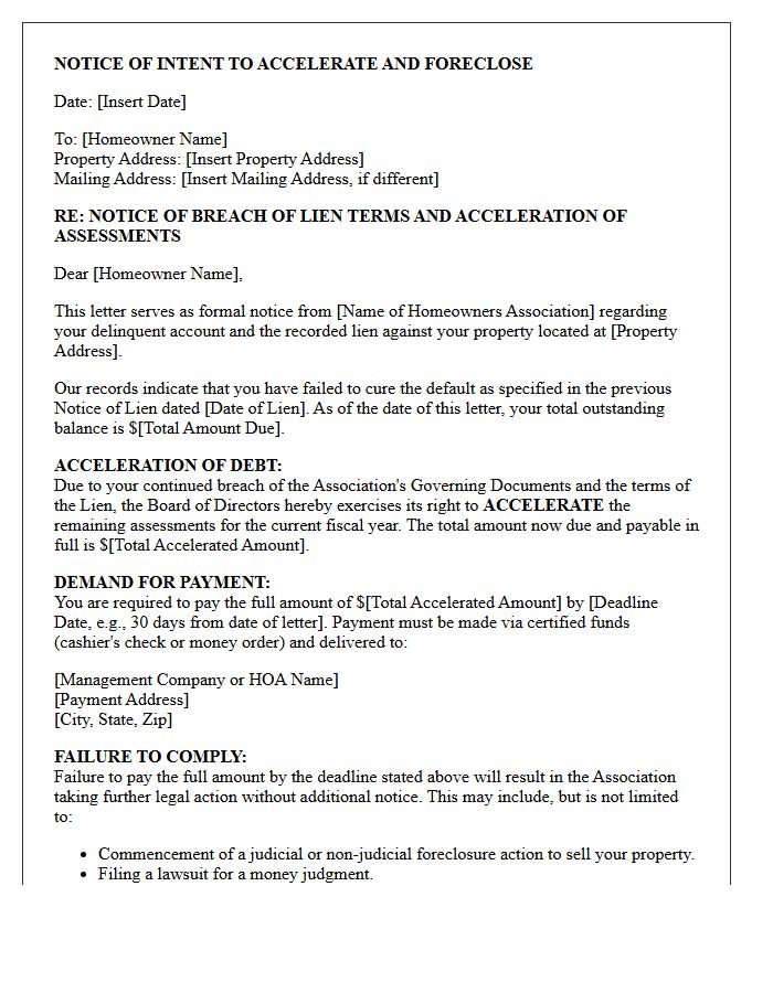 Homeowners Association Lien Breach Acceleration Letter