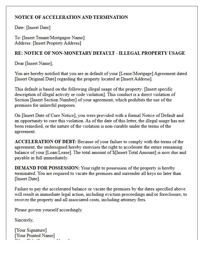 Illegal Property Usage Non-Monetary Default Acceleration Letter