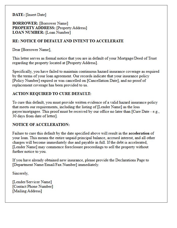 Lapse Of Hazard Insurance Non-Monetary Acceleration Letter