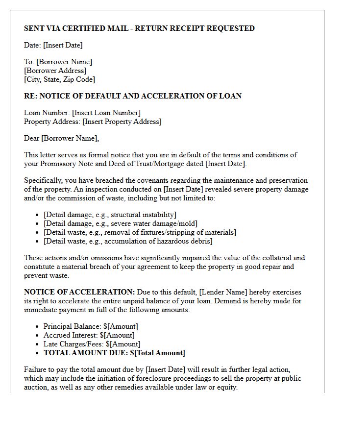 Severe Property Damage And Waste Default Acceleration Letter