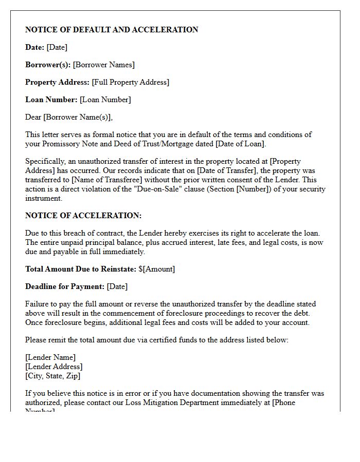 Unauthorized Property Transfer Default Acceleration Letter