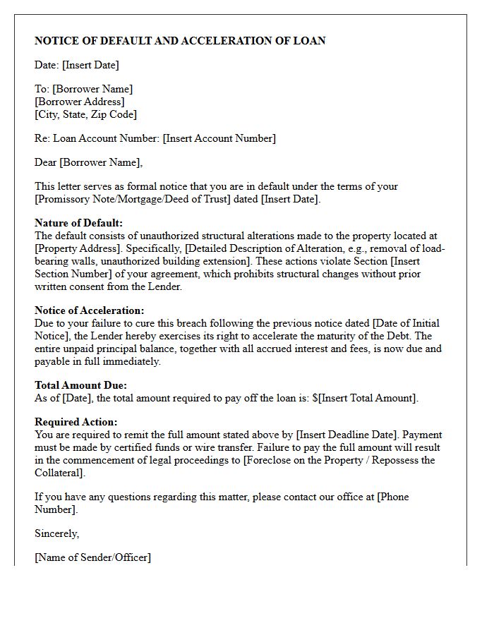 Unauthorized Structural Alteration Default Acceleration Letter