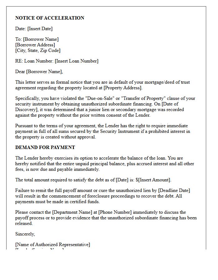 Unauthorized Subordinate Financing Notice Of Acceleration Letter