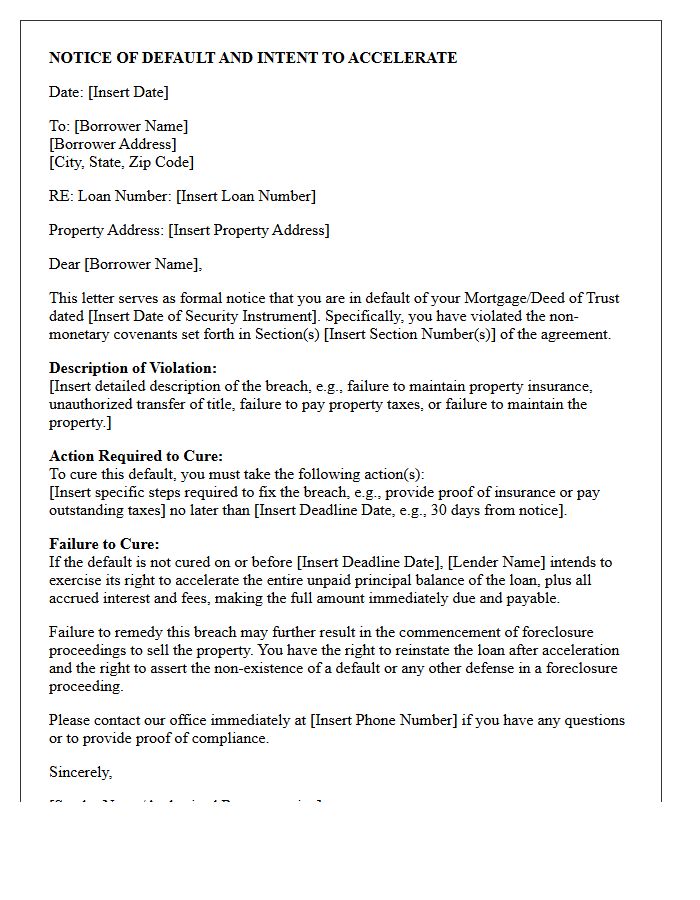 Violation Of Non-Monetary Mortgage Covenants Acceleration Letter