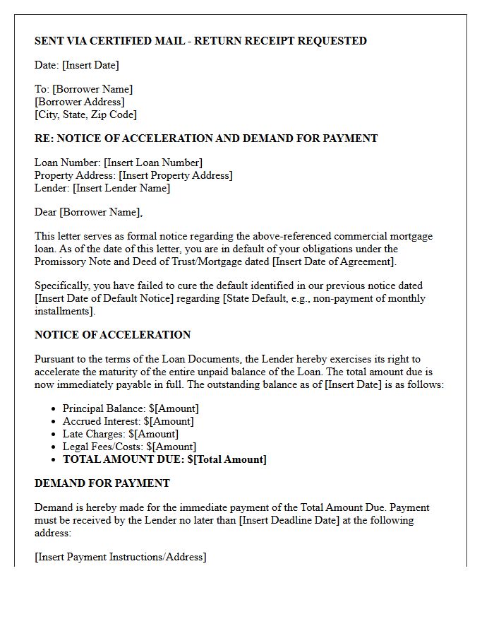 Commercial Mortgage Notice Of Acceleration And Demand For Payment Letter