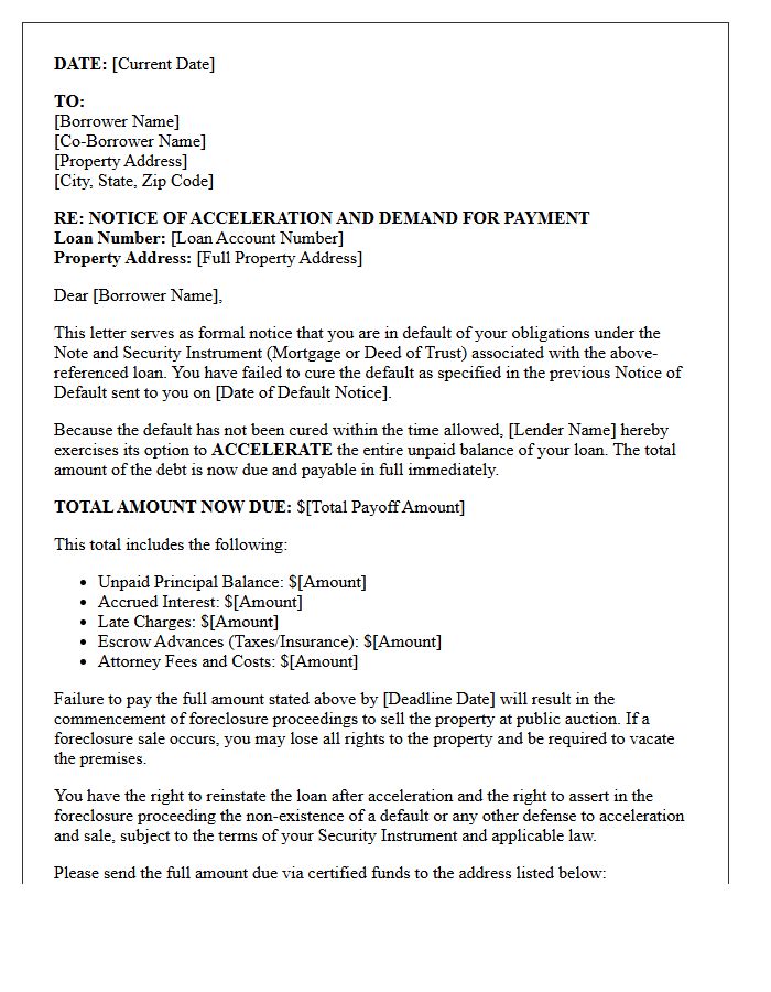 Conventional Loan Notice Of Acceleration And Demand For Payment Letter