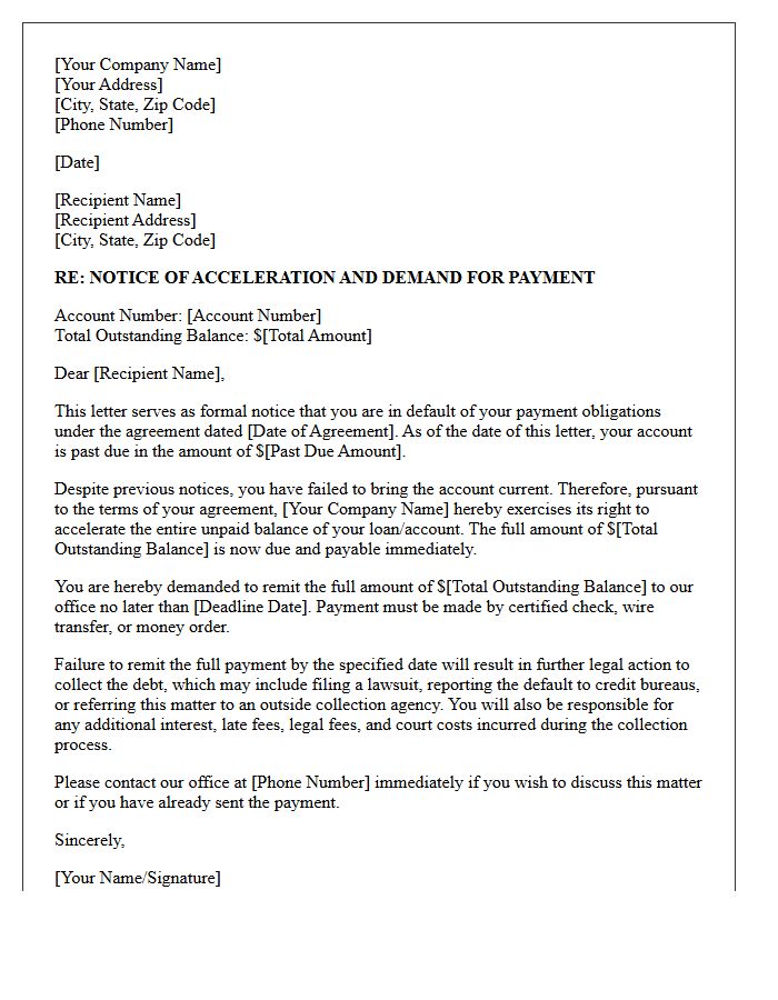 Delinquent Account Notice Of Acceleration And Demand For Payment Letter