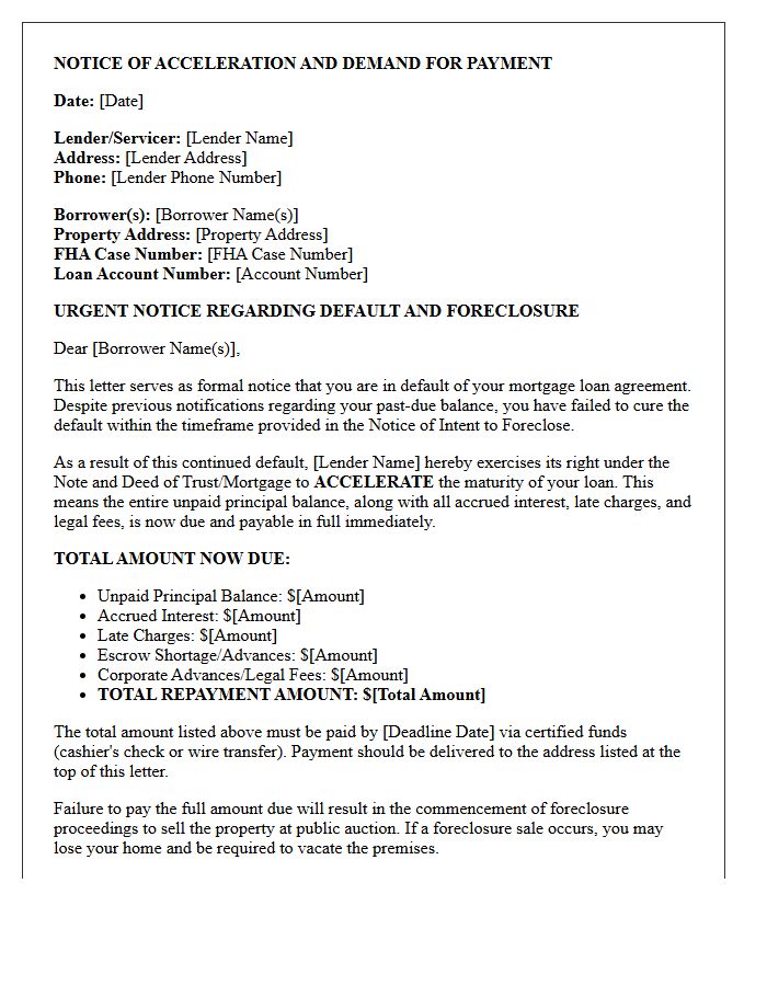 FHA Mortgage Notice Of Acceleration And Demand For Payment Letter