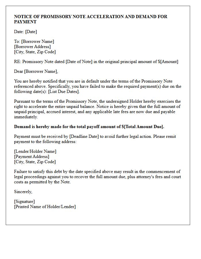 Notice Of Promissory Note Acceleration And Demand For Payment Letter
