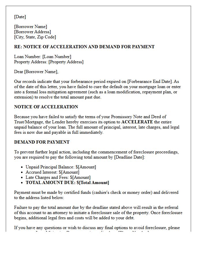 Post-Forbearance Notice Of Acceleration And Demand For Payment Letter