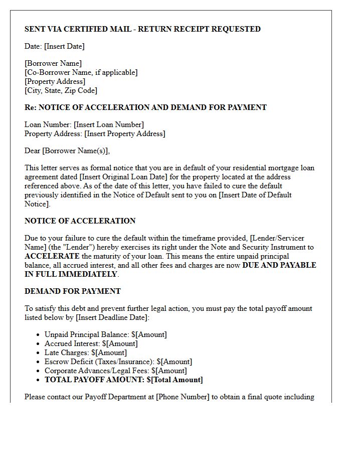 Residential Mortgage Notice Of Acceleration And Demand For Payment Letter