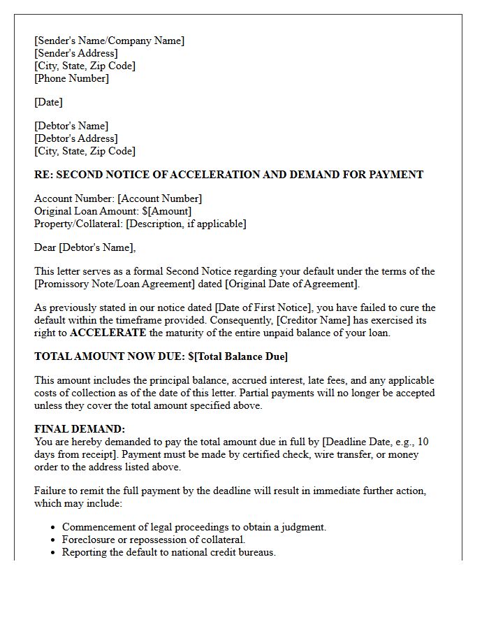 Second Notice Of Acceleration And Demand For Payment Letter