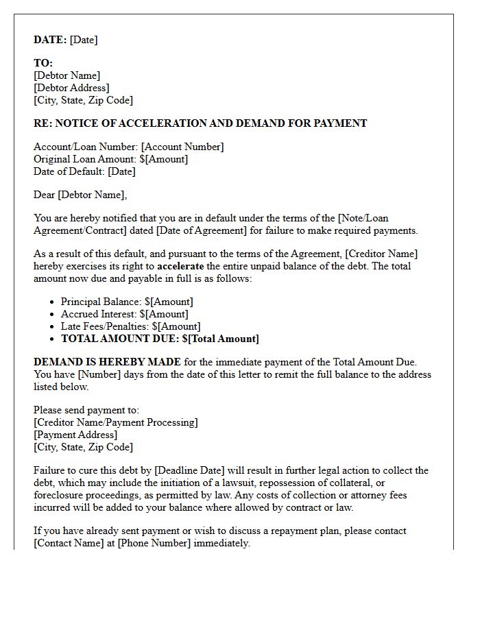 Standard Notice Of Acceleration And Demand For Payment Letter