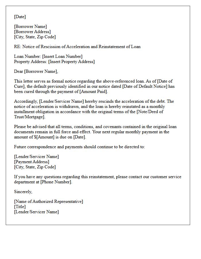Default Cure and Acceleration Rescission Letter