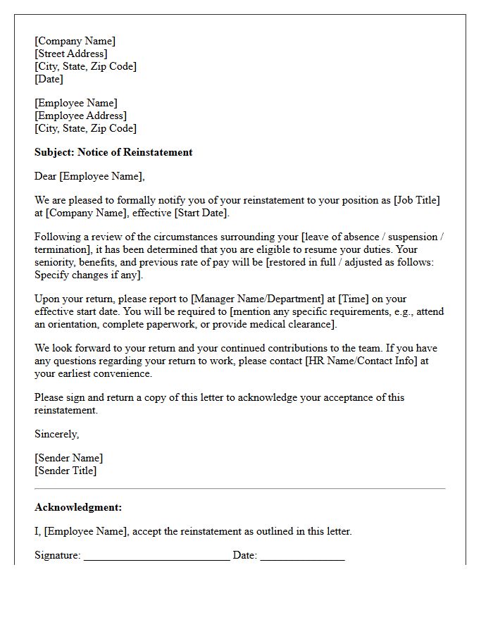 Formal Notice of Reinstatement Letter