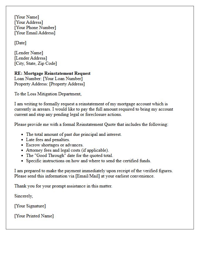 Mortgage Arrears Settlement Reinstatement Letter