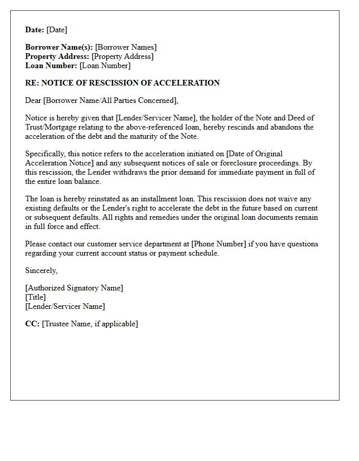 Notice of Acceleration Rescission Letter