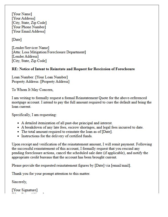 Pre-Foreclosure Rescission and Reinstatement Letter