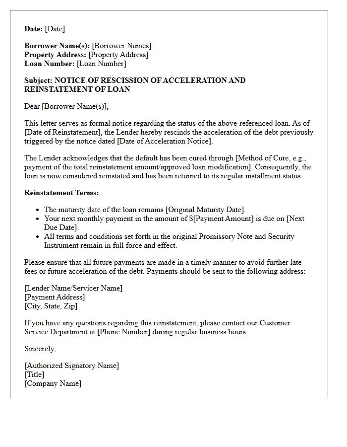 Standard Acceleration Rescission and Reinstatement Letter