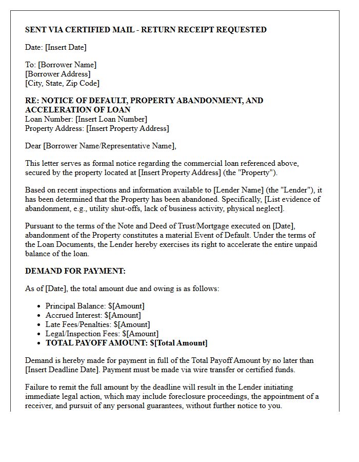 Commercial Property Abandonment and Loan Acceleration Letter