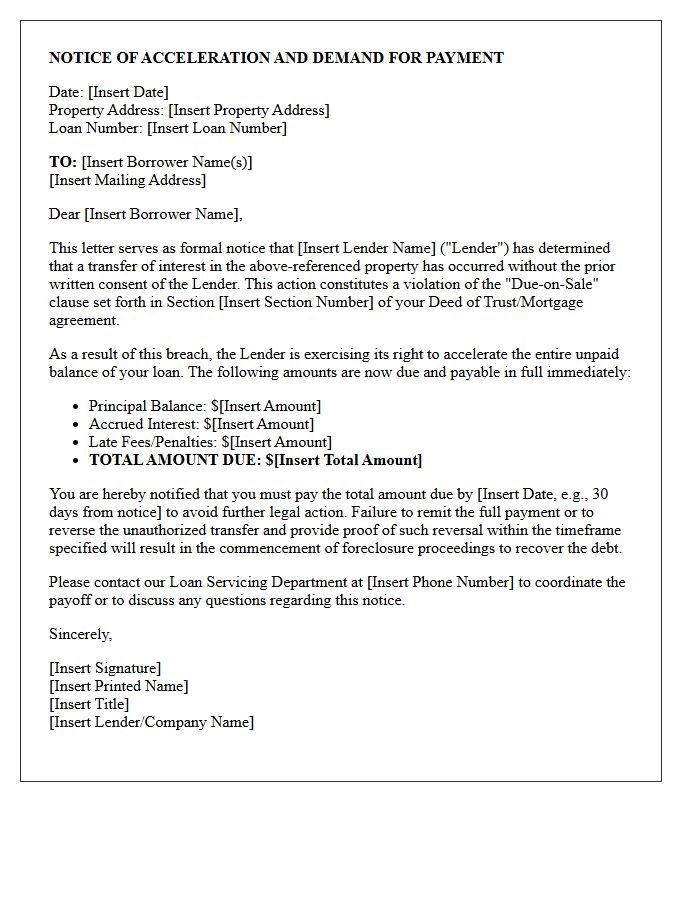 Due-on-Sale Clause Violation Acceleration Notice Letter
