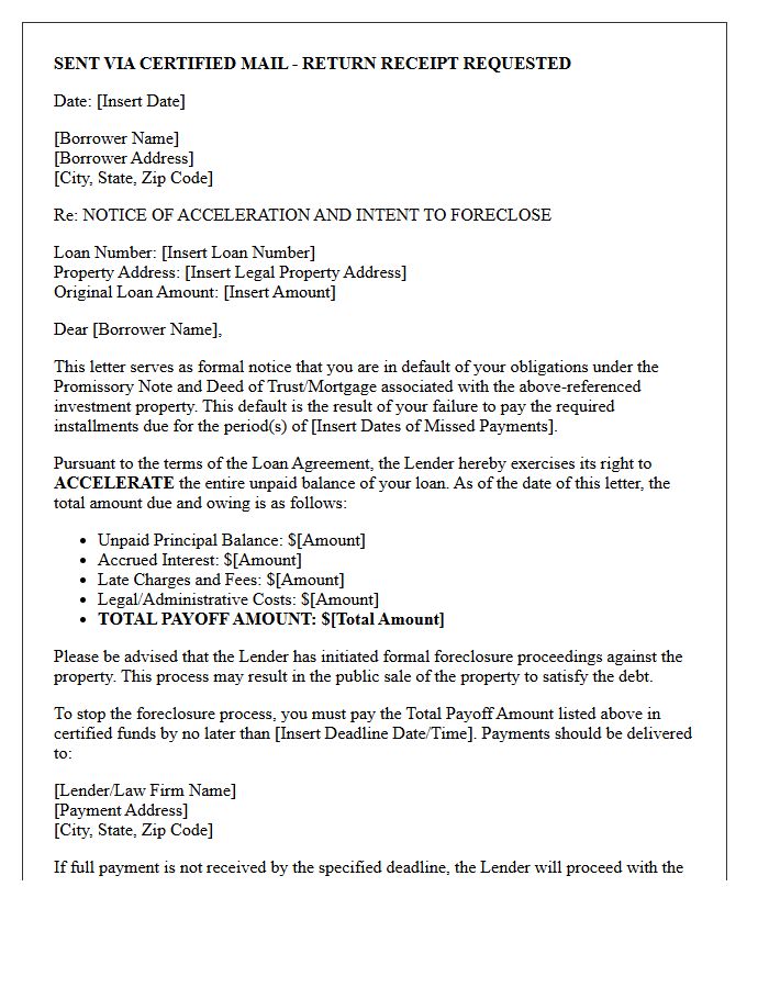 Formal Notice of Investment Loan Acceleration and Foreclosure Initiation Letter