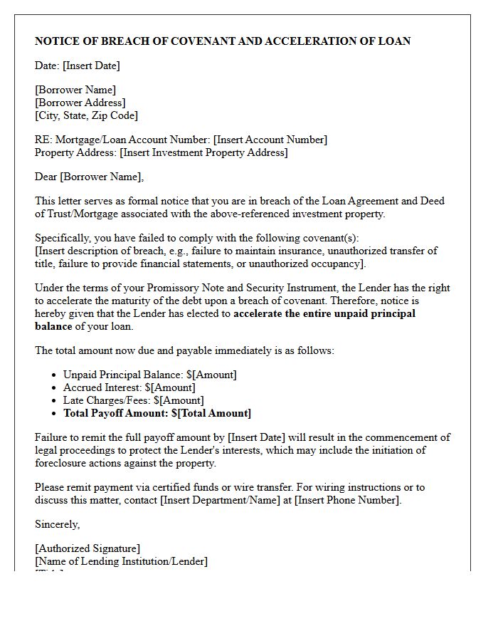 Investment Property Breach of Covenant Acceleration Letter
