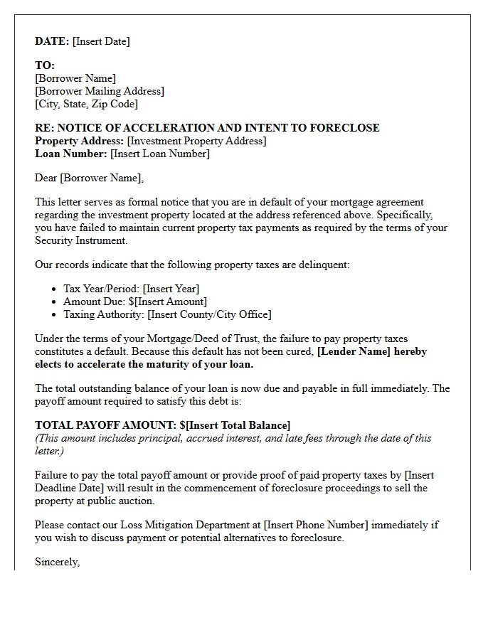 Investment Property Delinquent Tax Mortgage Acceleration Letter