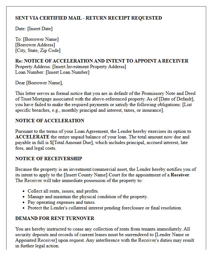 Investment Property Receivership and Acceleration Notice Letter