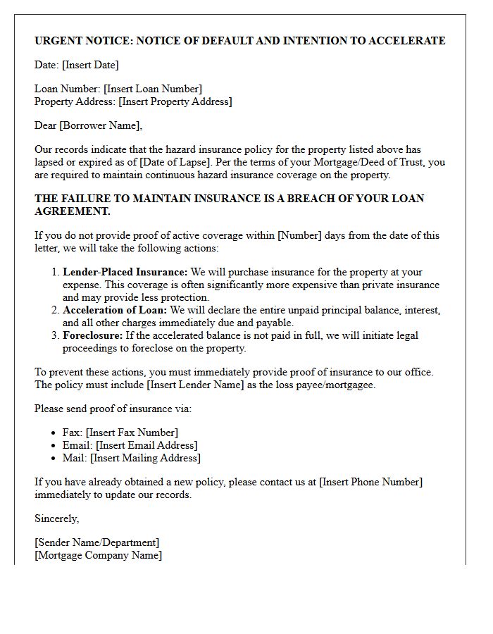 Lapsed Hazard Insurance Mortgage Acceleration Warning Letter
