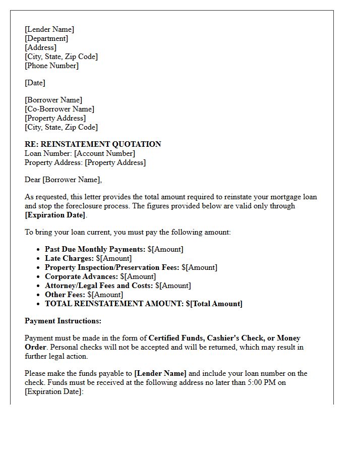 Mortgage Acceleration Reinstatement Quotation Letter