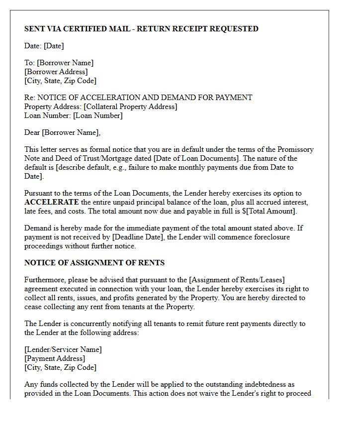 Notice of Acceleration and Assignment of Rents Letter